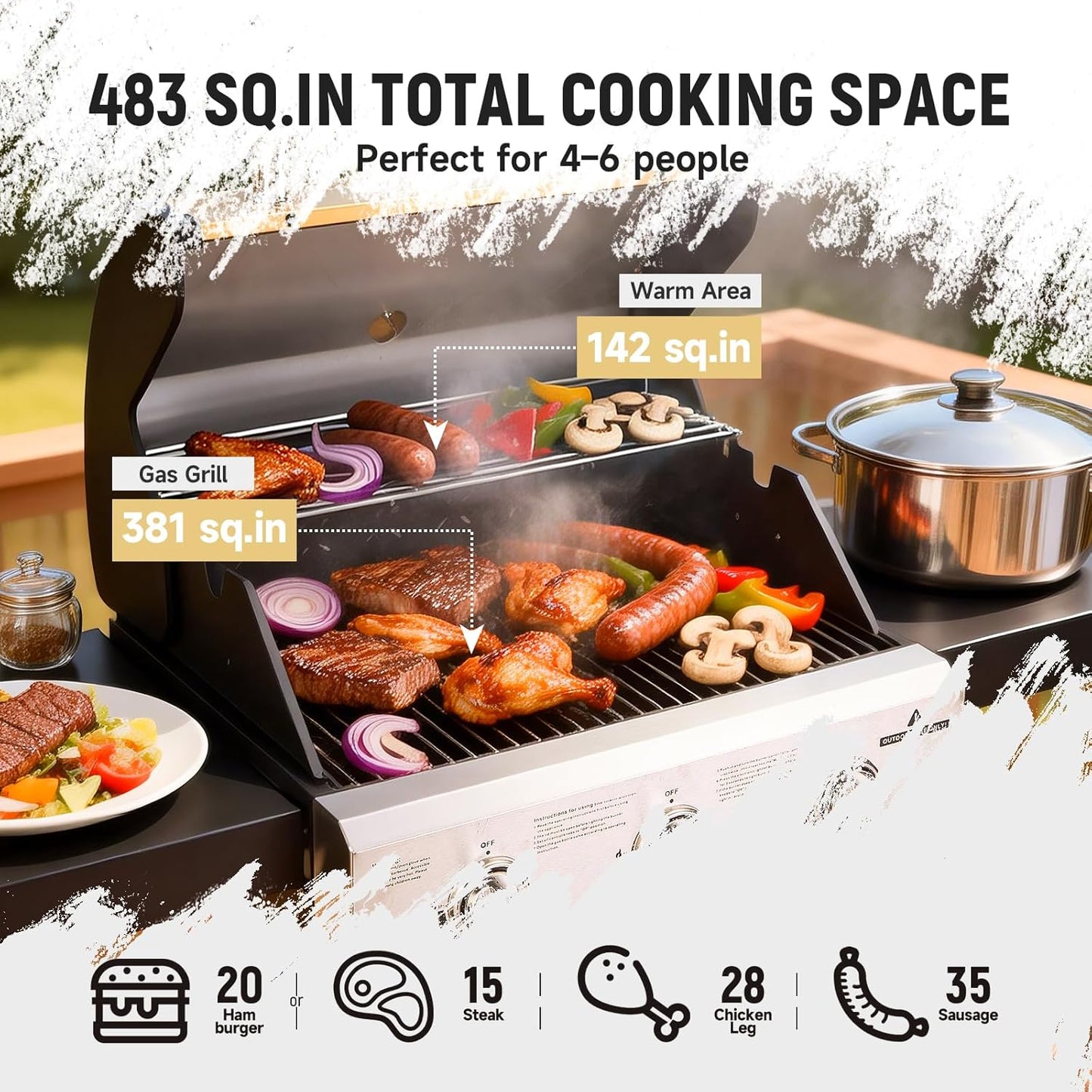 Redlife 3 Burner Propane Gas Grill, 30,000 BTU Outdoor BBQ Grill with Cast Iron Cooking Grates, Stainless Steel Warming Rack, Built-in Thermometer, Side Shelves, Removable Grease Tray, Yellow