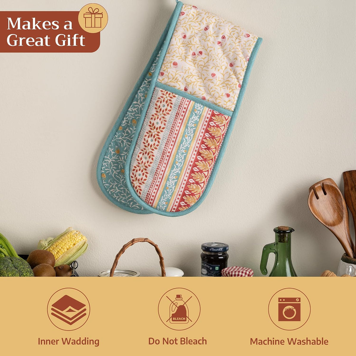 Maison d' Hermine 100% Cotton Oven Mitt & Pot Holder Set (7.5"x13" & 8"x8") - Colors C