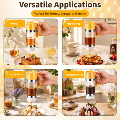Honey Dispenser No Drip, Glass Honey Dispenser with Stand, 10oz Borosilicate Mess-Free Honey Jar with Ergonomic Handle, Precision Pouring Container for Honey, Maple Syrup, Chocolate Syrup (Black)