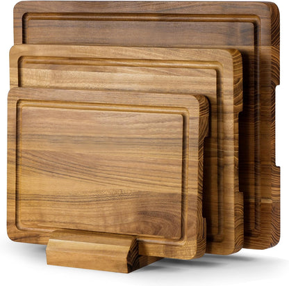 Teak Cutting Board Set for Kitchen - 3 PCS Solid Teak Wood Chopping Board with Holder & Juice Groove, Hardwood Cutting Boards for Meat, Fish, Vegetables, Fruits (Small, Medium, Large)