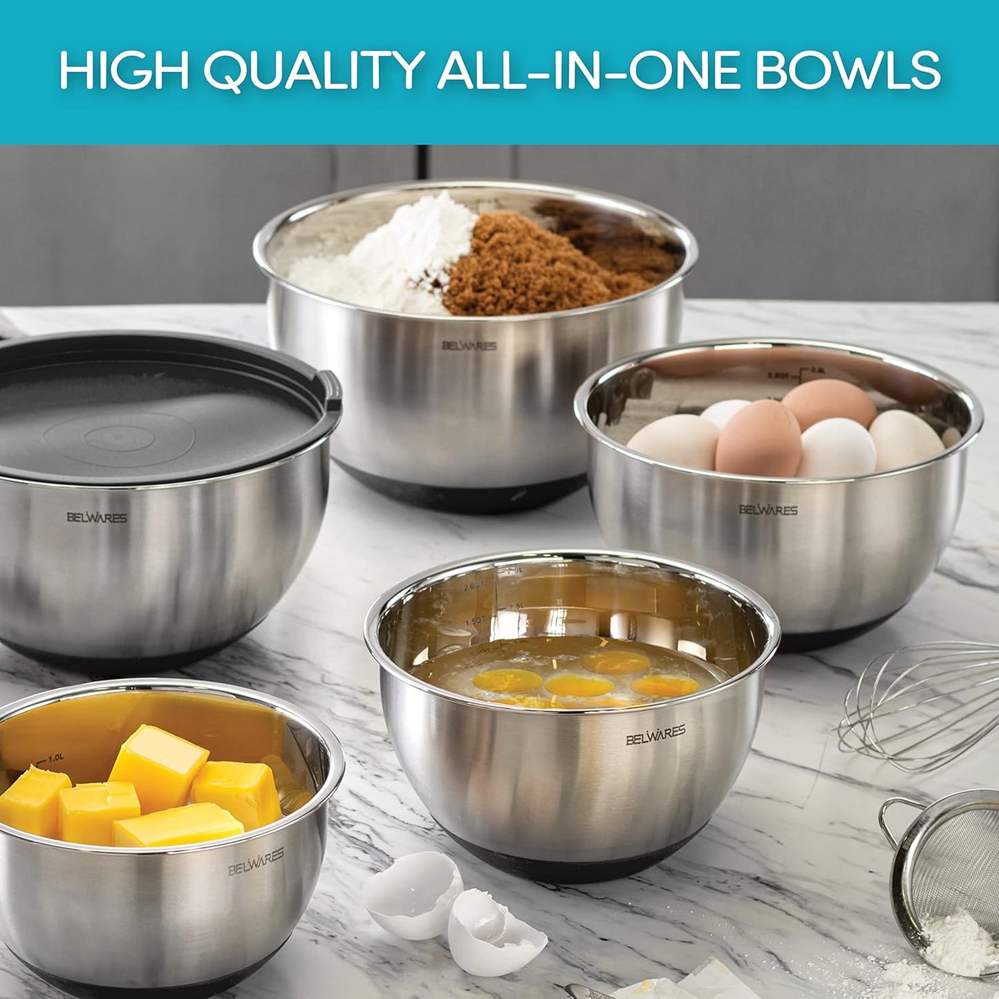 Belwares Mixing Bowls with Lids Set of 5 - Stainless Steel Mixing Bowl Set, Kitchen Nesting Metal Bowls with Non Slip Bottoms + 3 Grater Attachments, Airtight Lids, Food Prep + Storage, Matte Black