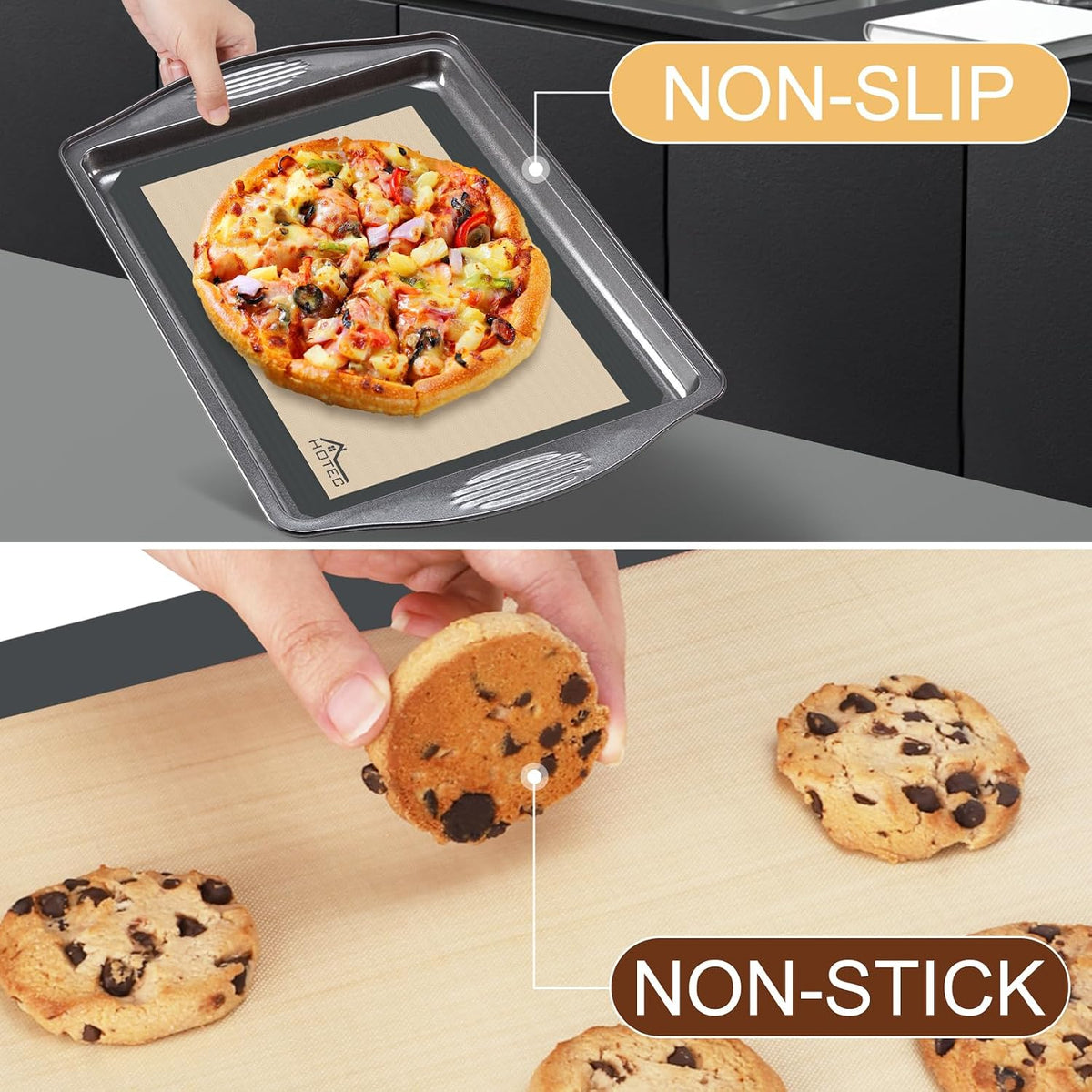 HOTEC Silicone Baking Mats 3 Pack – Non-Stick Reusable Silicone Baking Sheets for Oven – Cookie & Macaron Mats – 2 Half Sheet + 1 Quarter Sheet – BPA-Free, Dishwasher Safe