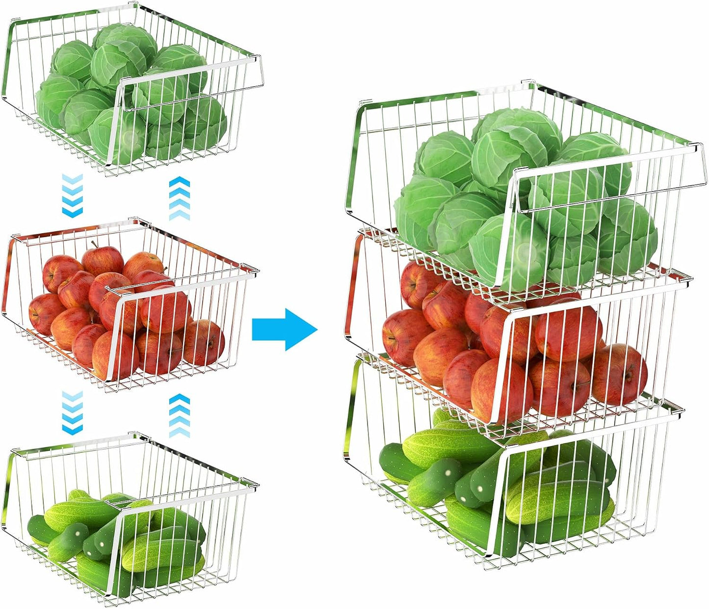 Wire Storage Basket Stackable Organizer Storage Baskets Bins Sturdy Metal Organization with Handles for Pantry, Kitchen, Closets, Bathroom, Cabinets, Kitchen, Set of 3
