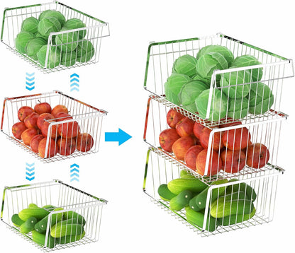 Wire Storage Basket Stackable Organizer Storage Baskets Bins Sturdy Metal Organization with Handles for Pantry, Kitchen, Closets, Bathroom, Cabinets, Kitchen, Set of 3