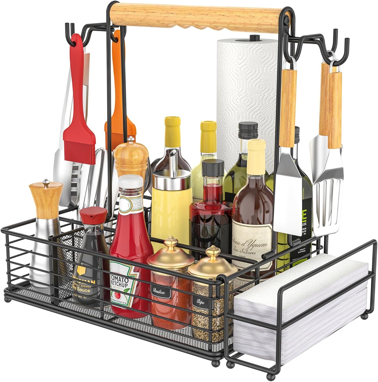 Toncoke Large Grill Caddy with Paper Towel Holder & Side Hooks, All-in-One BBQ Tool Organizer with Adjustable Dividers, Rustproof for Outdoor Kitchen, Camping, RV - Black