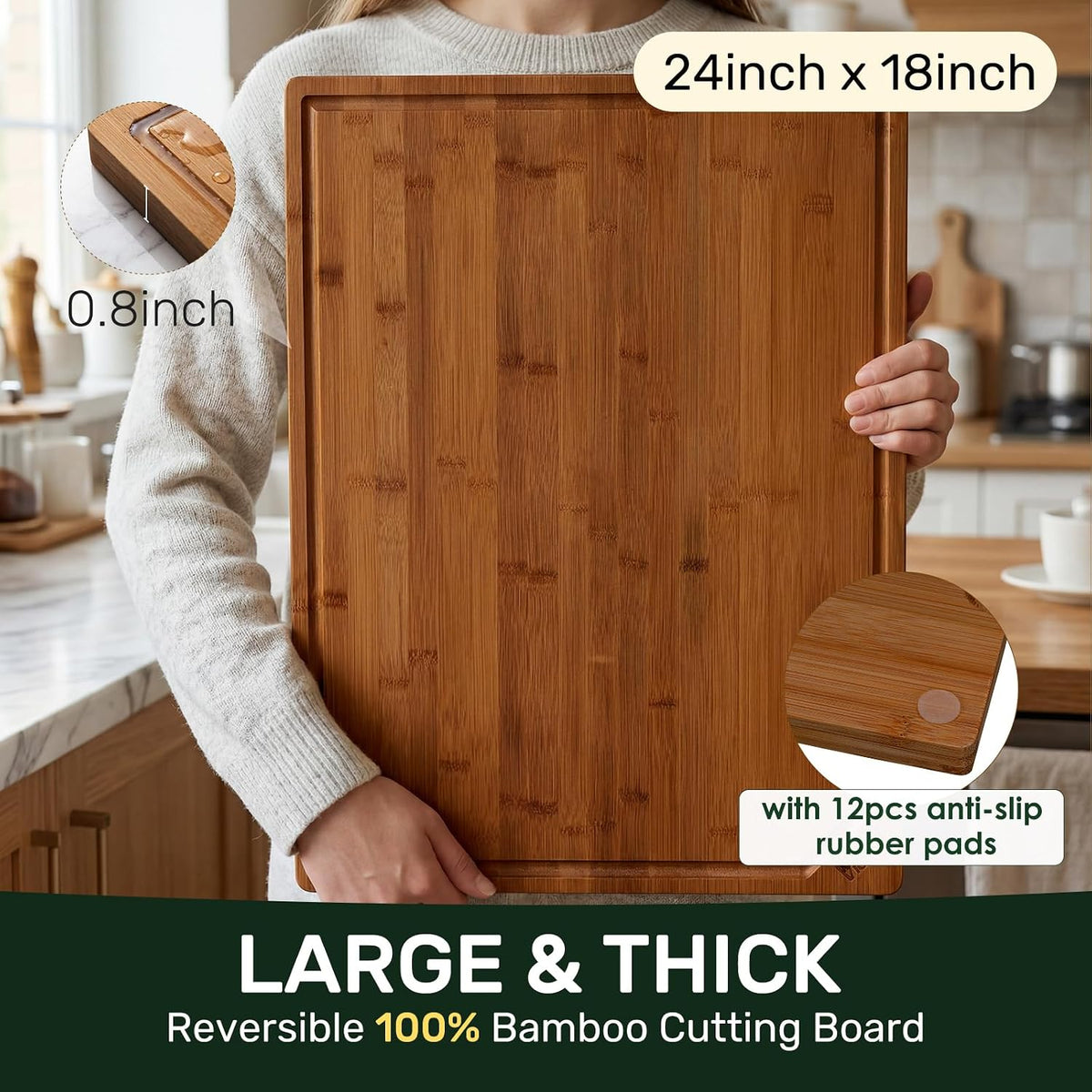Kikcoin 17"×11" Bamboo Cutting Boards for Kitchen, Knife-Friendly Food Grade Wooden Cutting Boards for Kitchen, Charcuterie, Extra Large Chopping Boards with Deep Juice Groove, Reversible, Natural
