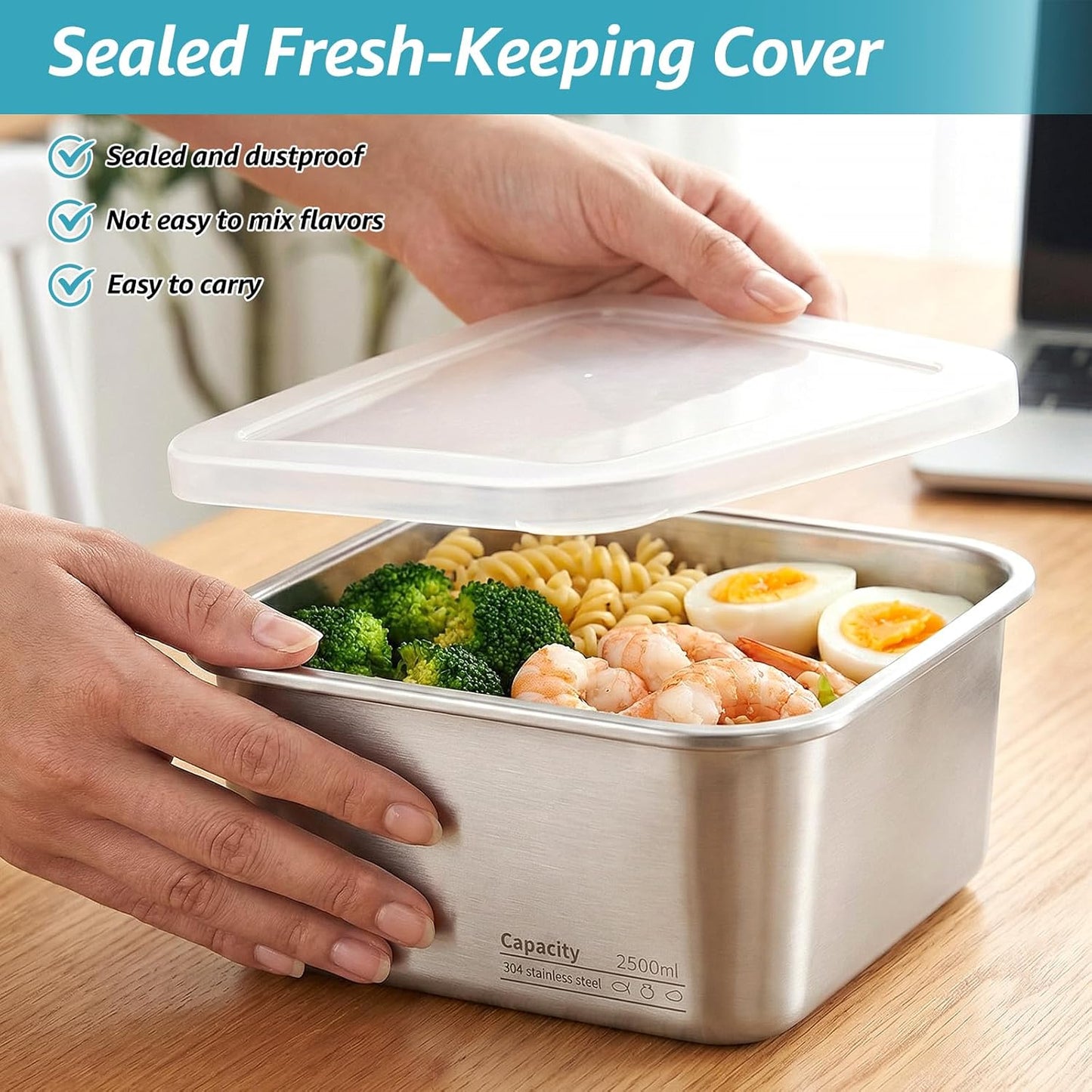 Stainless Steel Colander Set, Square Strainer with Lid for Draining Vegetable Washing Rice, 2 in 1 Strainer Bowl & Food Storage Container Food Preparation Box Bowl (1500ml)