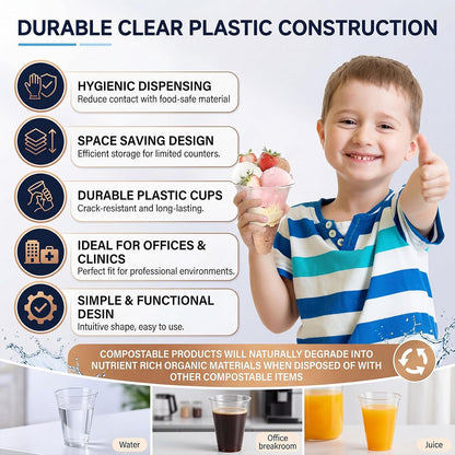 Roshtia 200 Pcs 4 oz Plastic Cone Cups with Pull Type Wall Mounted Dispenser, Thicken Disposable Water Cooler Cups Commercial Water Cup Dispenser for Office, Dental Clinic, Bathroom, Gym, School