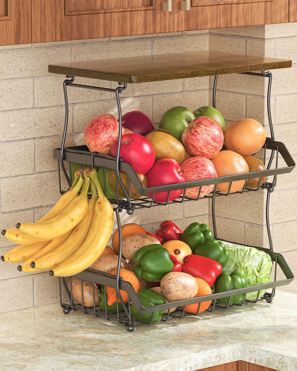 XYZLVSI 3 Tier Countertop Fruit Basket Bread Bowl with Wooden Top for Kitchen, Stackable Vegetable Potato Onion Storage Wire Basket with Banana Hangers, Black
