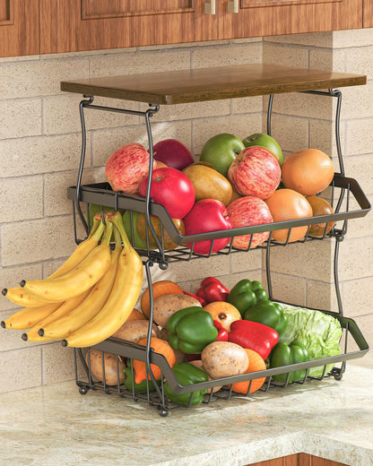 XYZLVSI 3 Tier Countertop Fruit Basket Bread Bowl with Wooden Top for Kitchen, Stackable Vegetable Potato Onion Storage Wire Basket with Banana Hangers, Black