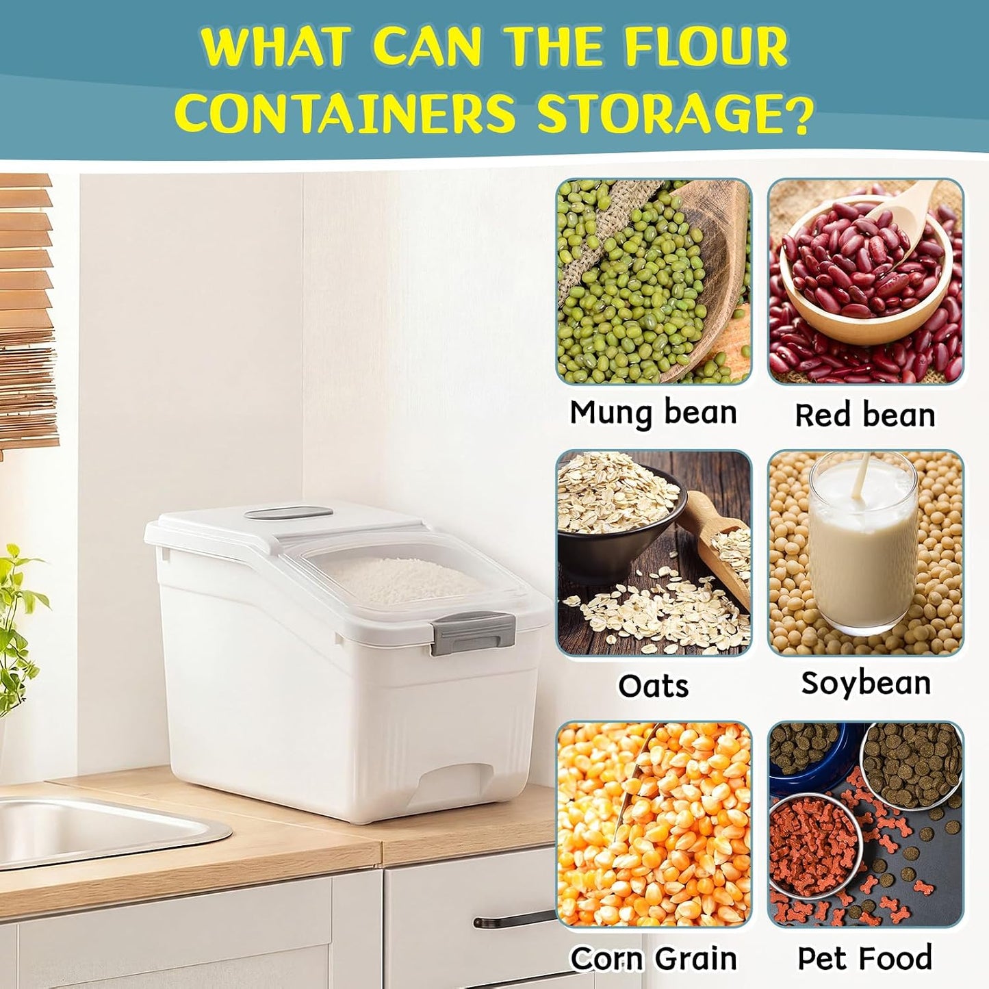Blushtier 4 Pack Large Rice Storage Containers 30 Lbs Airtight Flour Container with Seal Locking Lid and Measuring Cup Kitchen Dry Food Storage Bins for Cereal Sugar Beans(Transparent White)