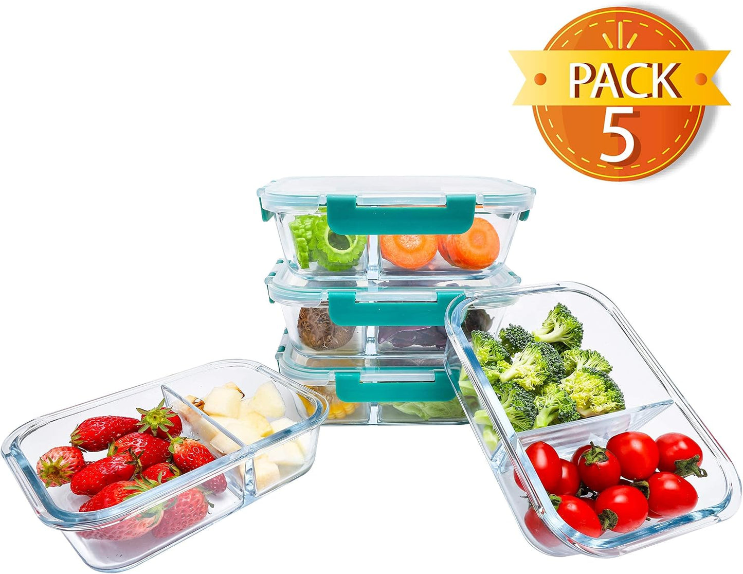 BlueHills Premium Glass Meal Prep Lunch Containers with Snap Green Lock Lids Glass Food Containers BPA-Free Oven Freezer Dishwasher Safe 5 pack set 10 pieces 36 Oz 4.5 cups (G002 Two Compartments)