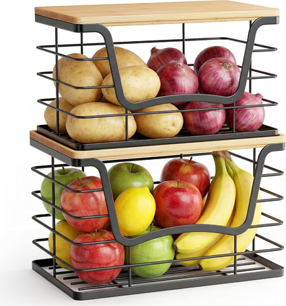 ALOCEO 2 Pack Stackable Wire Storage Basket with Bamboo Lid, Trash Bag Dispenser Under Sink for 4-13 Gal Bags, Kitchen Storage Bins for Potato and Onion, Brown