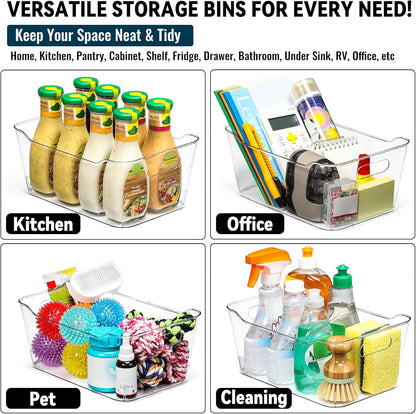 12 PACK Multi-Use Clear Plastic Storage Bins for Organizing w/ Labels - Home, Kitchen, Pantry, Bathroom, Office, Cabinet Shelf Organizer Bins - SOHO Collection, RV, Fridge Organization Containers -XL