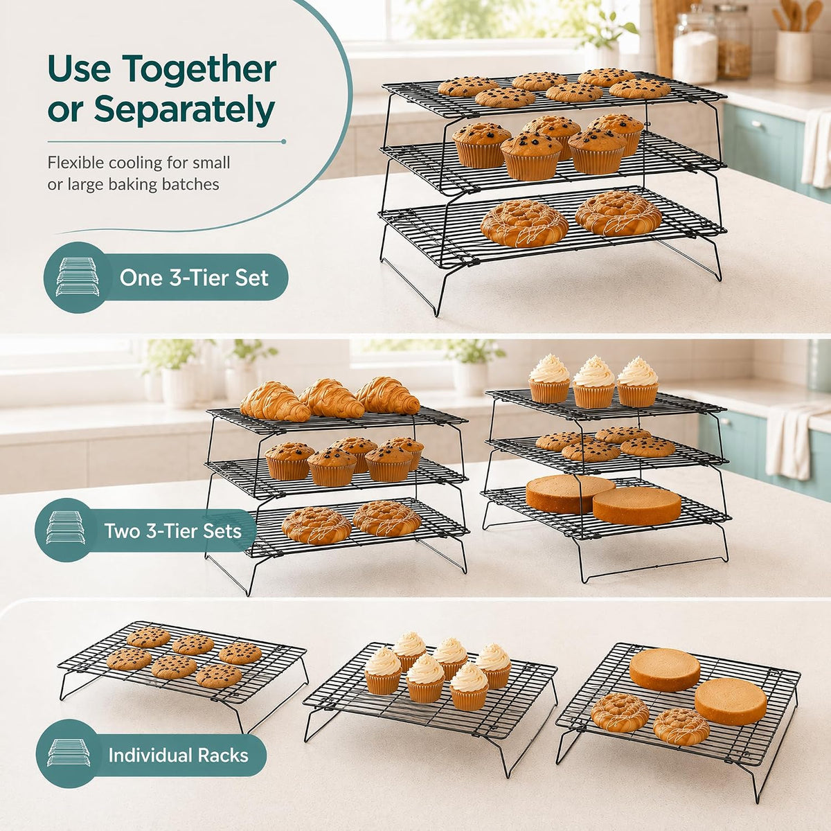 Kingrol 6-Piece Stackable Cooling Racks for Baking, Two 3-Tier Sets