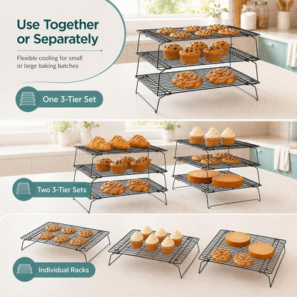 Kingrol 6-Piece Stackable Cooling Racks for Baking, Two 3-Tier Sets