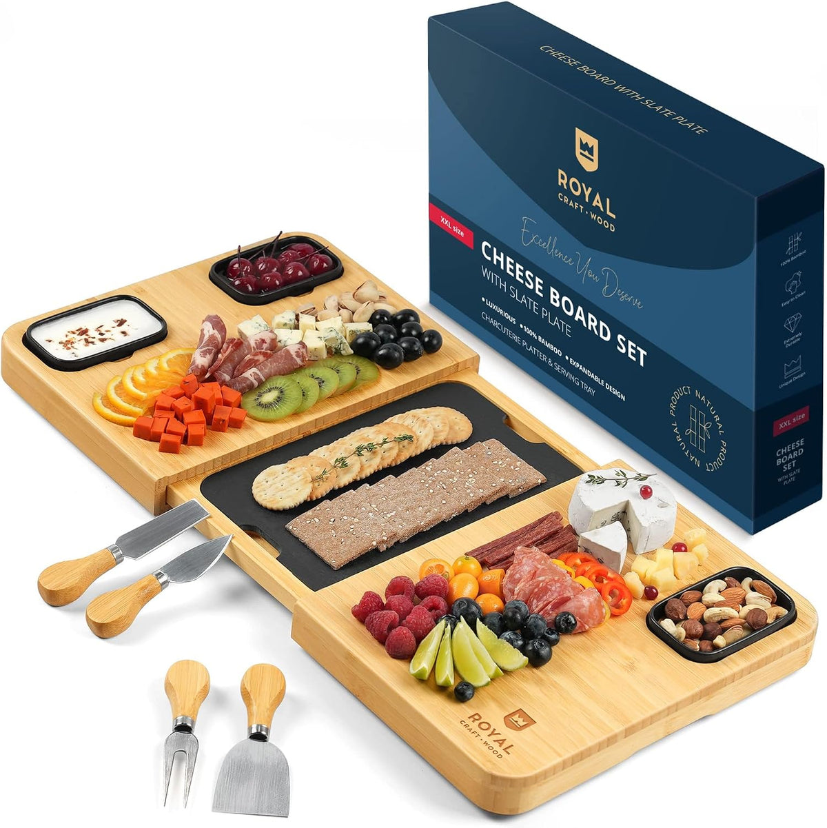 ROYAL CRAFT WOOD Premium Bamboo Charcuterie Board Set - Cheese Platter & Serving Tray & Serving Utensils - Perfect Housewarming Gift, Wedding, Bridal Shower Gift - Ideal for Entertaining and New Home