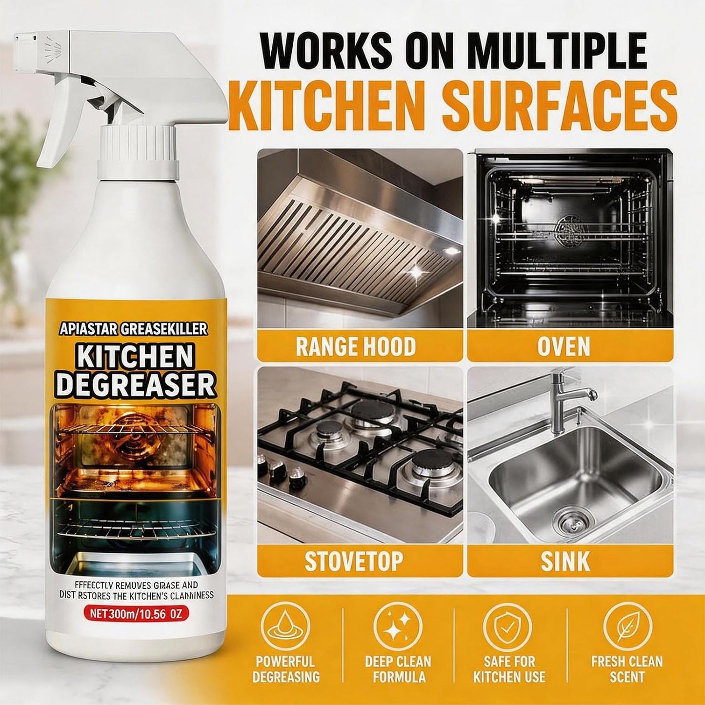 Apiastar Greasekiller Spray, 300ml Apiastar Grease Killer for Grill, Greasekiller Spray Grill Cleaner, Heavy Duty Degreaser, Multi-Use for Grills, Oven, Air Fryer, Home & Commercial Kitchen (2PCS)