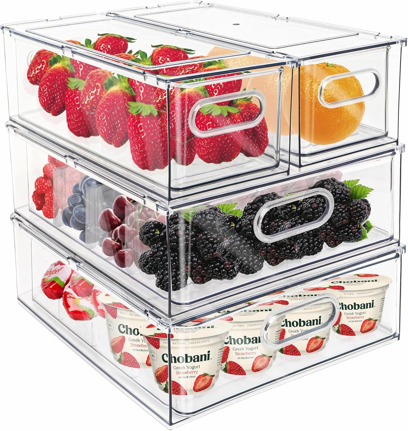Mano Stackable Fridge Drawers Pull Out Bins with Handle Clear Refrigerator Drawers Organizer Food Storage Container Box with Dividers Plastic Produce Saver for Pantry, Cabinet, Kitchen, Clothes（7Pack）