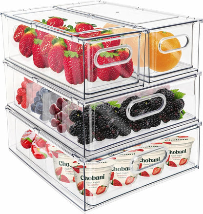 Mano Stackable Fridge Drawers Pull Out Bins with Handle Clear Refrigerator Drawers Organizer Food Storage Container Box with Dividers Plastic Produce Saver for Pantry, Cabinet, Kitchen, Clothes（7Pack）