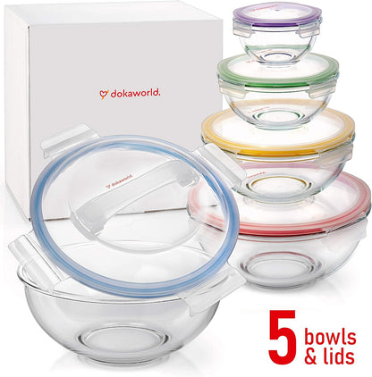 Set of 4 Stackable Space-Saving Nesting Glass Bowls with Airtight Acacia Lids for Lunch, Meal & Food Prep - Microwave & Oven-ready BPA Free Durable Heat Resistant Inert Borosilicate Glass