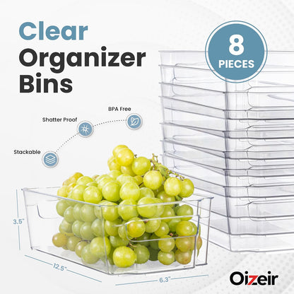 Oizeir Clear Pantry Organizer Bins 8-Pack - Fridge Organizer with 3 Removable Dividers, Ideal for Kitchen, Pantry, Refrigerator, Freezer, and Snack Storage
