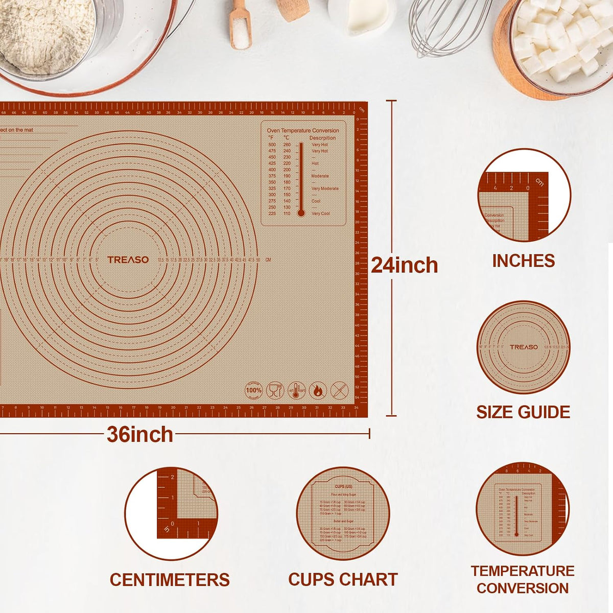 Silicone Pastry Mat, 24" x 16" Dough Mat, Rolling Mat for Baking
