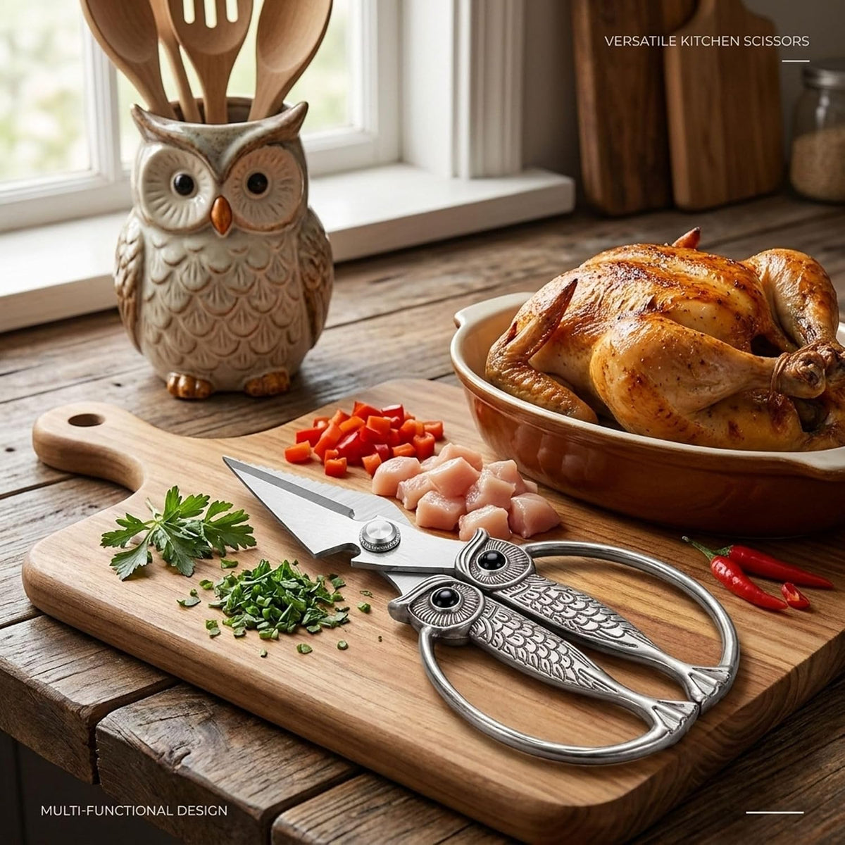 XSNBRD All Purpose Kitchen Scissors, Pearl Gold Stainless Owl Shears.