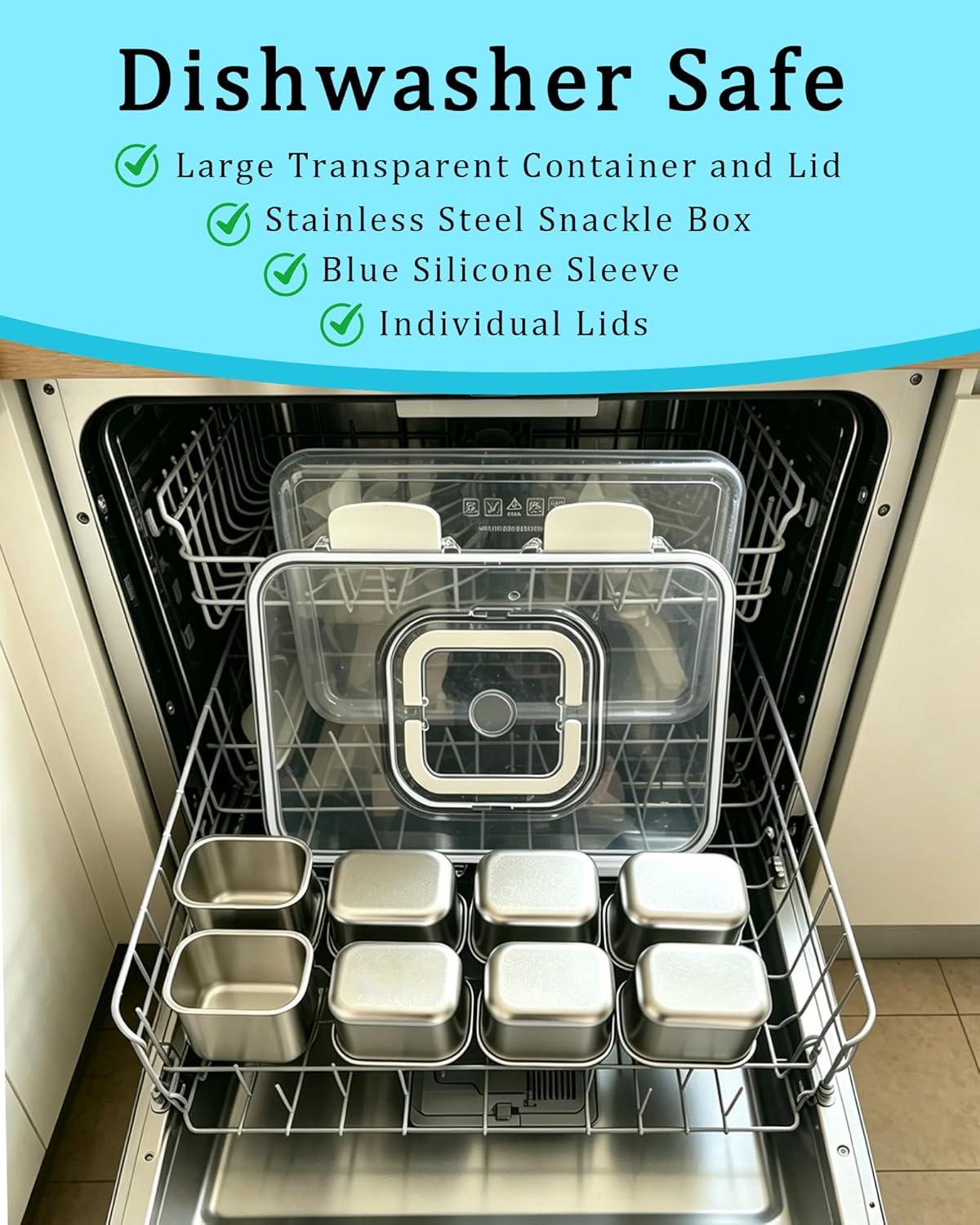 Snackle Box Container, Stainless Steel Divided Serving Tray with Lid and Handle, Large Snack Tray for Fruit Veggie Candy, 8-Compartment Snack Platter for Travel Party Beach Picnic