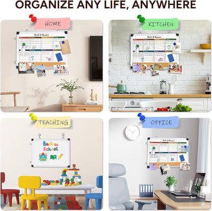 Marsrock Weekly Calendar Whiteboard and Cork Board Combo for Wall, 17"x13" Reversible Hanging Dry Erase Board, Double Sided White Board with Aluminum Frame for Planning, Office, Kitchen, School, Home