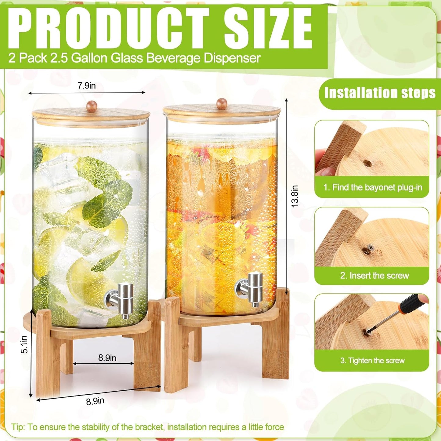 FillTouch 2 Pack 2.5 Gallon Drink Dispensers for Parties, Glass Beverage Dispensers with Bamboo Stand, Spigot and Bamboo Lid Leakproof for Lemonade Juice, Tea, Water, and Party Drinks