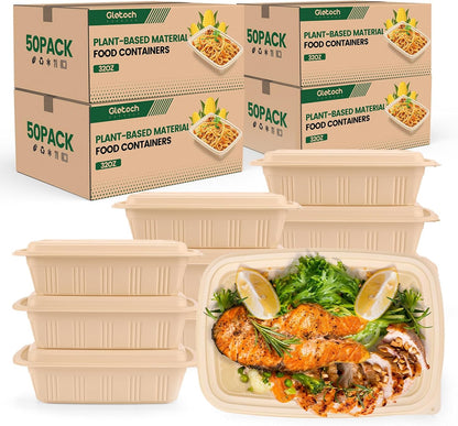 100 Piece (50 Pack) Meal Prep Containers Reusable - 2 Compartment 32 oz Cornstarch Snack Containers with Lids - Plastic Food Storage Salad Containers - To Go Lunch Box - Microwave & Freezer Safe