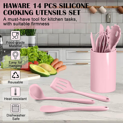 HaWare Kitchen Utensils, 14 PCS Silicone Cooking Utensils Set, Heat Resistant Kitchen Utensils for Non-stick Cookware, Kitchen Gadgets Tools with Spoons, Spatulas, Whisk, Dishwasher Safe (Black)