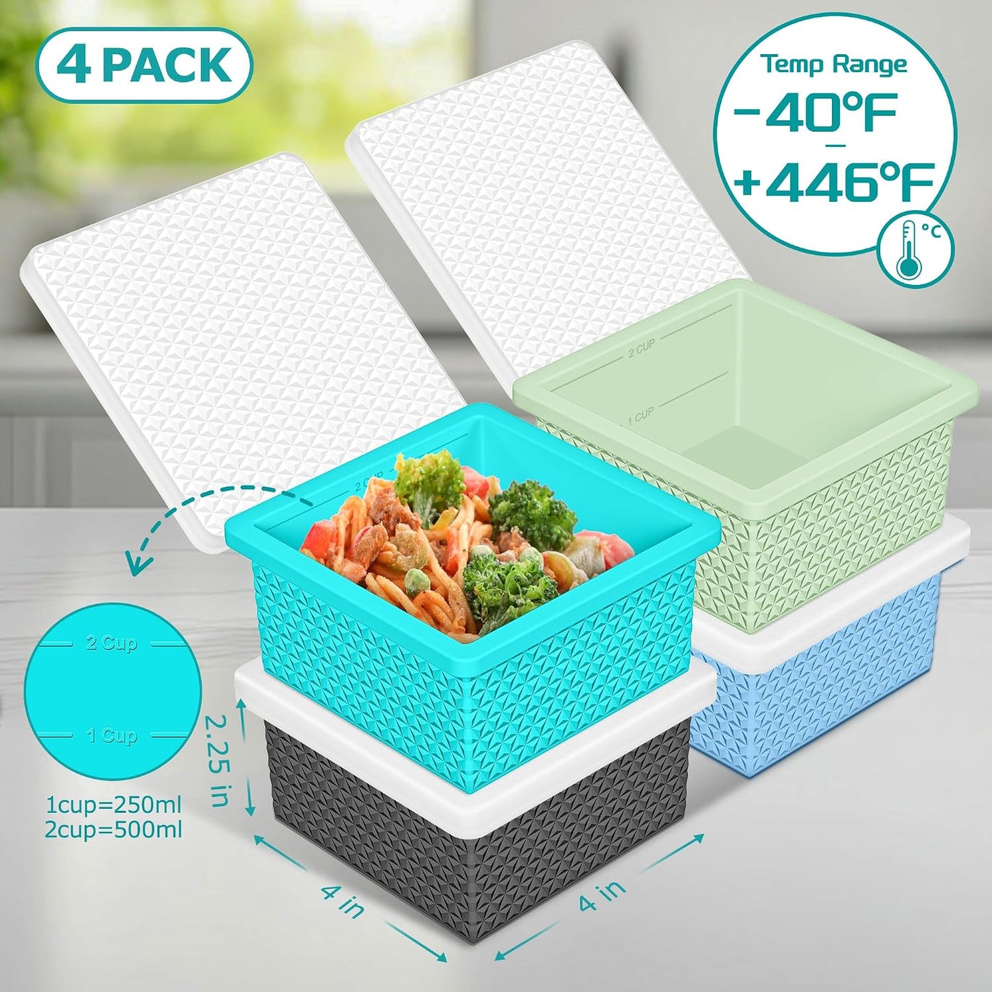 Silicone Freezer Molds for Soup Cube - 2-Cup Freezer Storage Container Tray with Lid,4 Pack Stackable Ice Cube Trays for Portion Control,Food Storage Meal Prep,Oven & Dishwasher Safe