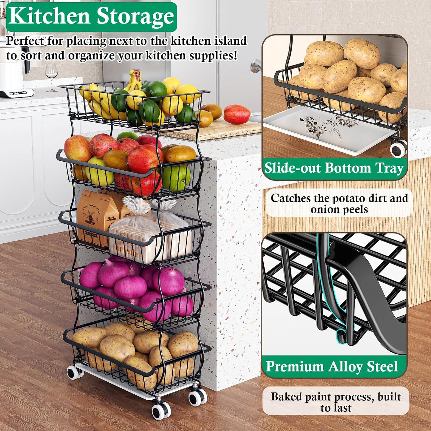 OKZEST 3-Tier Rolling Pantry Floor Organizer and Storage Cart with Wheels, Stackable Wire Pantry Baskets for Pantry Shelves, Kitchen Storage Rack and Fruit Basket Stand for Fruit Snack Onion Potato