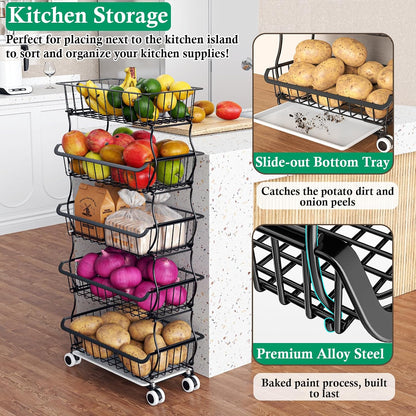 OKZEST 3-Tier Rolling Pantry Floor Organizer and Storage Cart with Wheels, Stackable Wire Pantry Baskets for Pantry Shelves, Kitchen Storage Rack and Fruit Basket Stand for Fruit Snack Onion Potato
