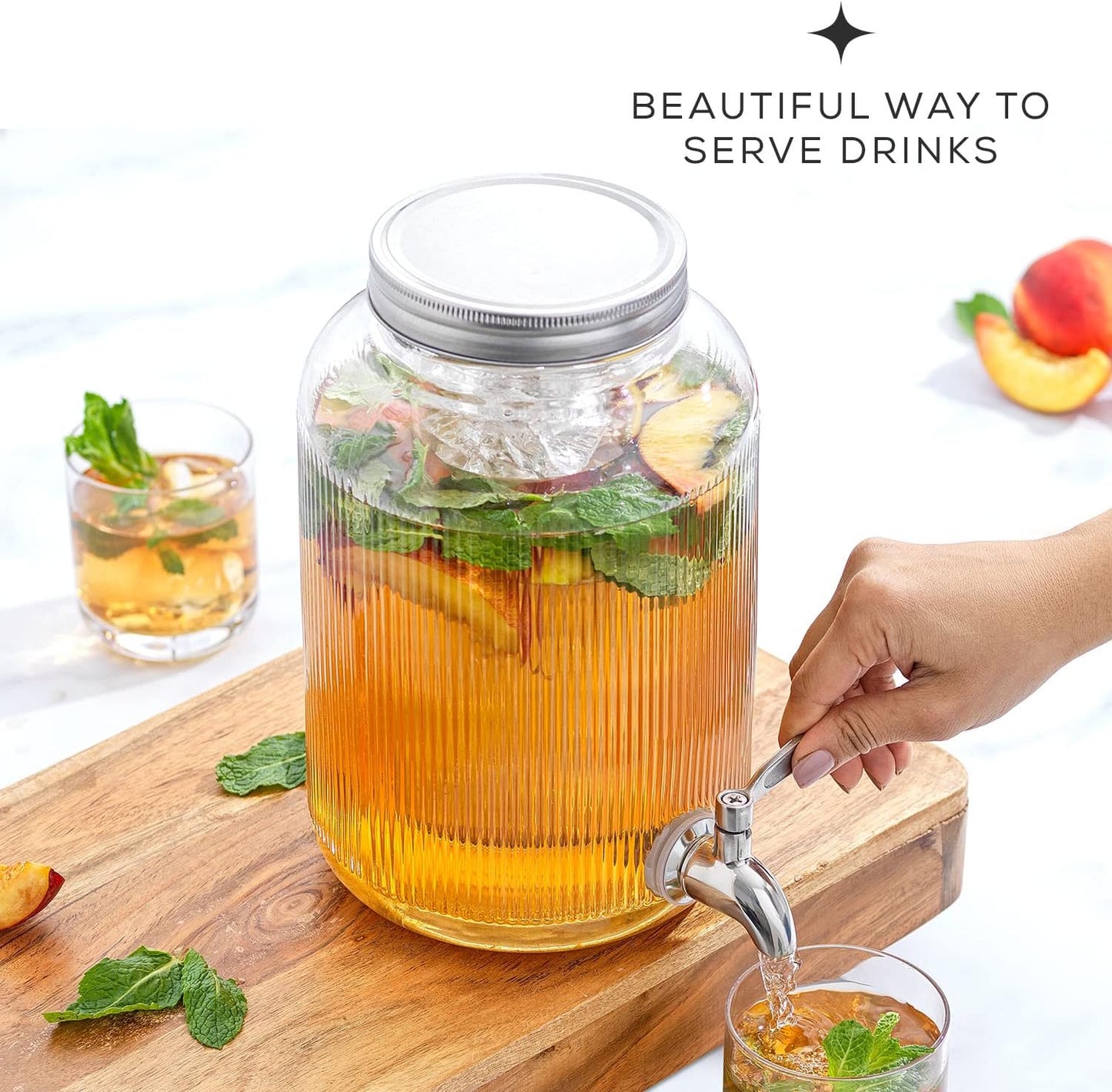 1-Gallon Drink Dispenser. Glass Beverage Dispenser with Stainless steel Spigot plus Ice Cylinder and Fruit Infuser! Water Dispenser, Lemonade Stand, Juice Container - Drink Dispensers for Parties