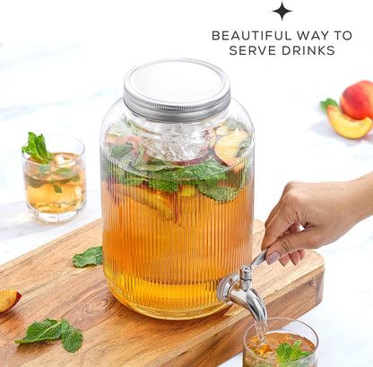 1-Gallon Drink Dispenser. Glass Beverage Dispenser with Stainless steel Spigot plus Ice Cylinder and Fruit Infuser! Water Dispenser, Lemonade Stand, Juice Container - Drink Dispensers for Parties