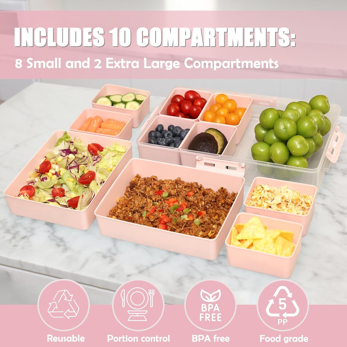 Snackle Box Container - 10 Compartments Including 2 XL, Dishwasher & Microwave Safe, Divided Serving Tray with Lid and Handle, BPA-Free, snack box (1 PCS, White, 1 Box with 2 XL Compartments)