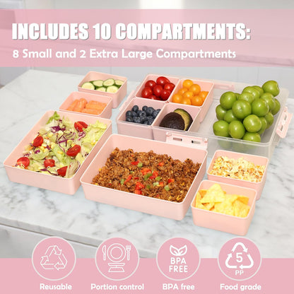 Snackle Box Container - 10 Compartments Including 2 XL, Dishwasher & Microwave Safe, Divided Serving Tray with Lid and Handle, BPA-Free, snack box (1 PCS, White, 1 Box with 2 XL Compartments)