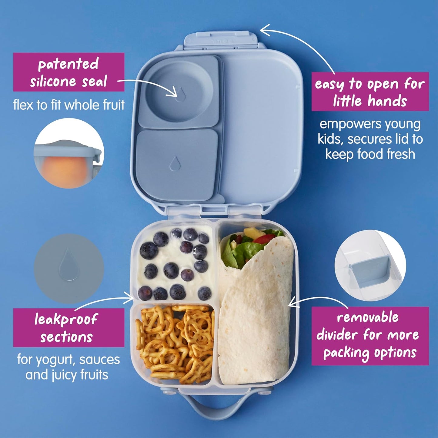 b.box Mini Lunch Box 2-Pack, Leak Proof Bento Box for Kids, 3 Compartment Snack Containers Ages 3+, Lunchbox for Daycare + School, Dishwasher Safe, BPA-Free, PFAS-Free, 4.25 Cup - Blue + Green