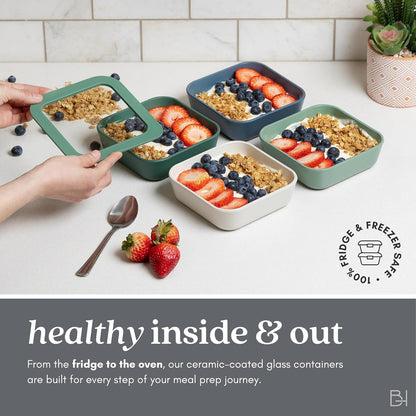 Ceramic Coated Glass Food Storage Container | No PTFE, PFOA, PFAS, and BPA | Reusable Non Toxic Meal Prep Container with Glass Lid | Easy To Store | 3 Cup Rectangle [Onyx]