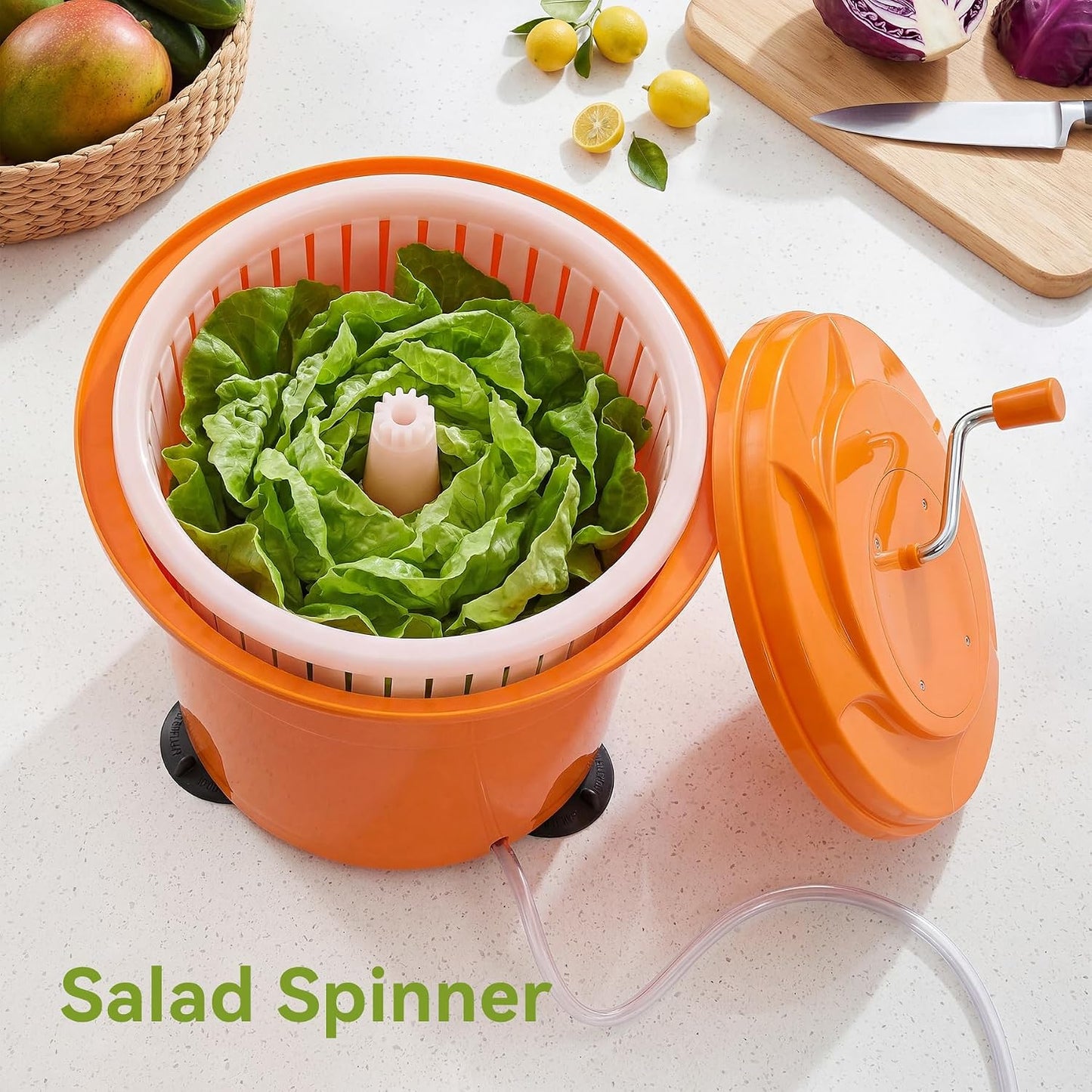 Commercial Salad Spinner, 6.6 Gal / 26.42 Qt Salad Spinner with 4.92 ft Drain Tube & Anti-Slip Feet, Large Manual Lettuce Spinner for Catering, Home, Farm