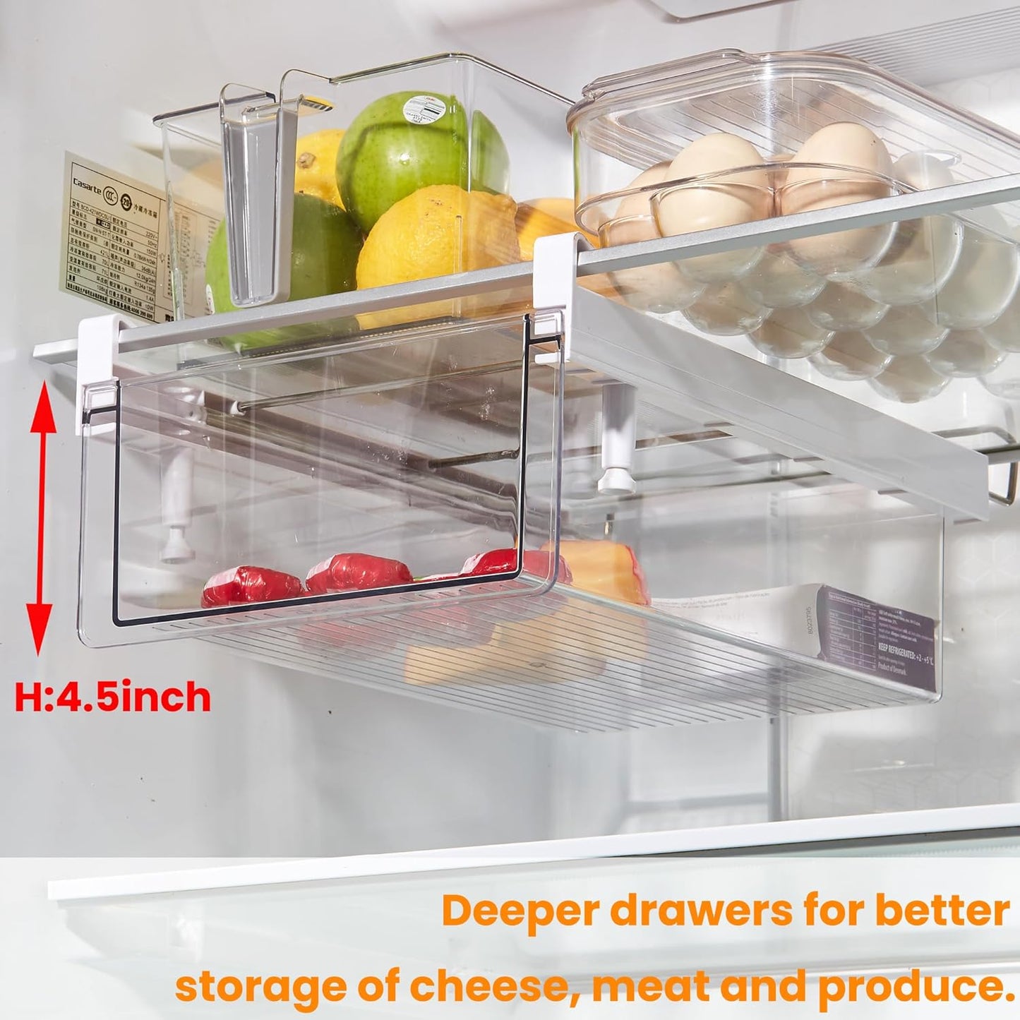 vacane Fridge Organizer Drawer, Clear Plastic Fridge Organizer Bins, Add on Refrigerator Drawer,Fridge Storage Container Under Shelf Holder for Fruit, Vegetable, Meat, Cheese, Easy to Install-M