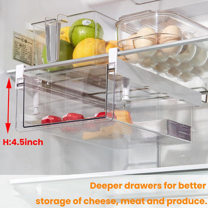 vacane Fridge Organizer Drawer, Clear Plastic Fridge Organizer Bins, Add on Refrigerator Drawer,Fridge Storage Container Under Shelf Holder for Fruit, Vegetable, Meat, Cheese, Easy to Install-M