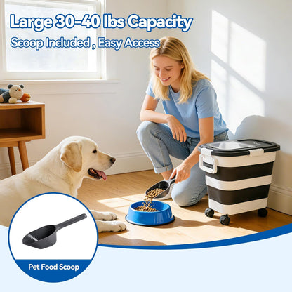 Dog Food Storage Container 20-25lbs, Airtight Pet Food Bin with Locking Lid & Clear Window, Collapsible Rolling Storage Container with Wheels and Scoop, Black