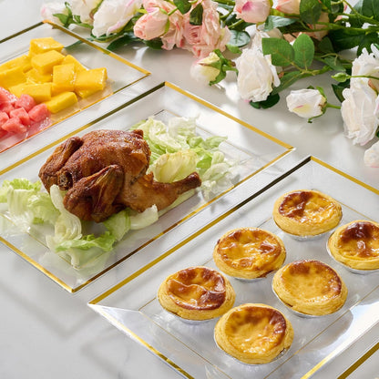 FOCUSLINE 8 PCS Plastic Serving Trays, White and Gold Rim Plastic Serving Platters, Disposable Tray for Food, Perfect for Wedding Parties