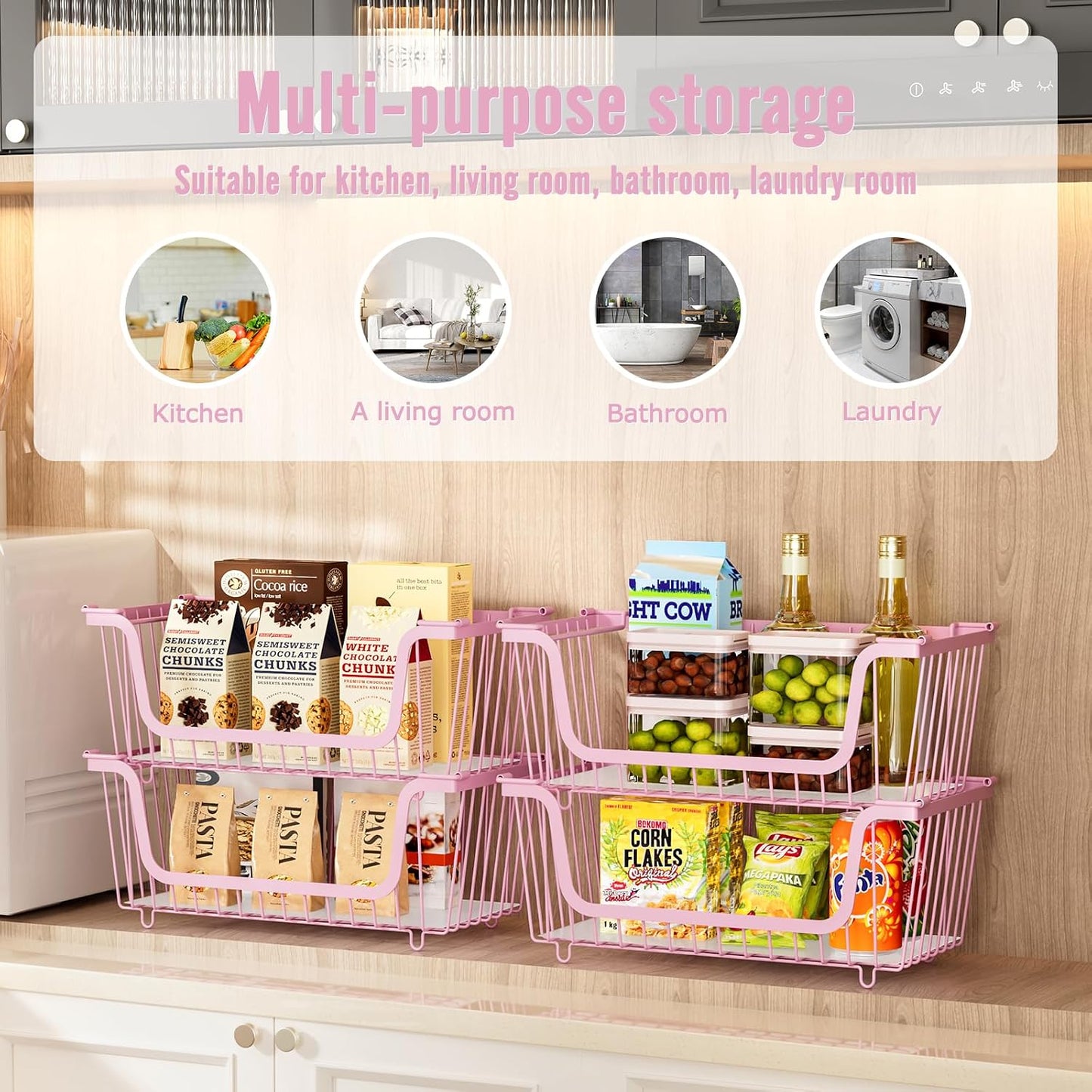 GAOKASE 4 Pcs Stackable Wire Baskets for Pantry Organizers and Storage,Vegetable Fruit Basket for Countertop,Kitchen Storage Metal Baskets,Produce Potato Onion Storage Bin-Black