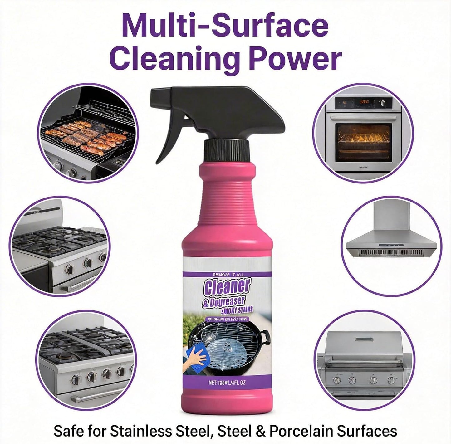 Fast-Acting Heavy-Duty Grill Degreaser Spray, Grease & Burnt Residue Cleaner for BBQ Grates Oven Stovetop Range Hood, Easy-Clean Kitchen Cleaner for Indoor Outdoor Cooking Surfaces (1pc)