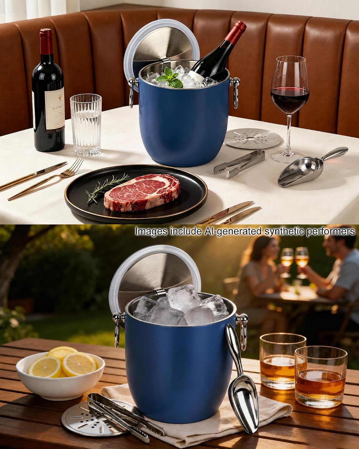 Insulated Ice Bucket, 3L Double Wall Stainless Steel Ice Bucket with Tongs,Lid, Scoop and Strainer, Ice Buckets for Parties,Cocktail Bars, Chilling Beer, Champagne, Wine Bottles